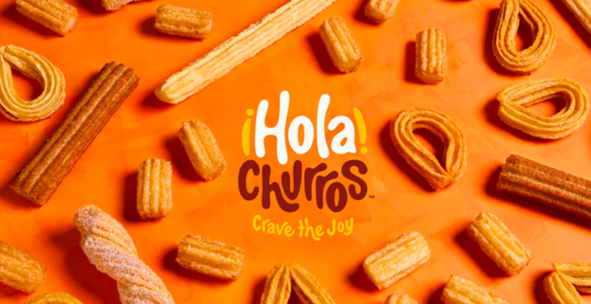 overhead shot of a variety of churros with Hola Churros logo