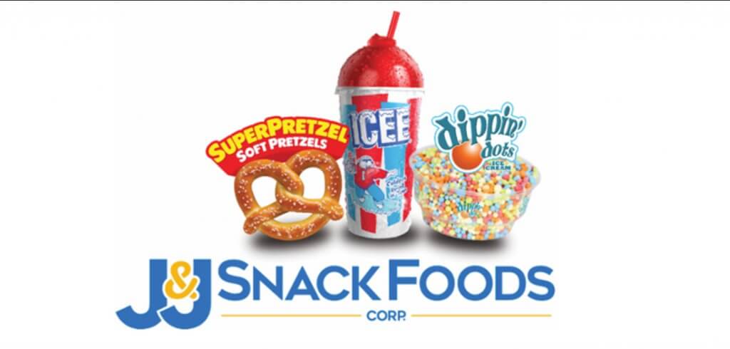 studio shot of super pretzel, icee and dippin dots withs J&J Snack Foods logo